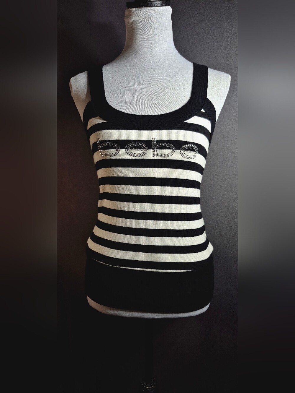 bebe Black & White Striped Ribbed Tank with Logo Crystals NWOT